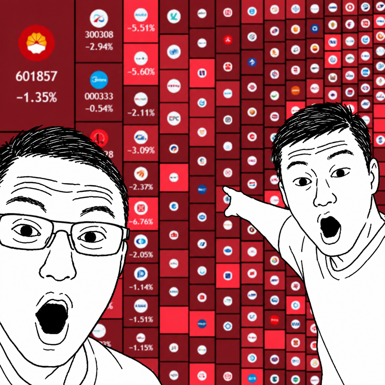 Two shocked Wojak characters in front of a red stock-market heatmap